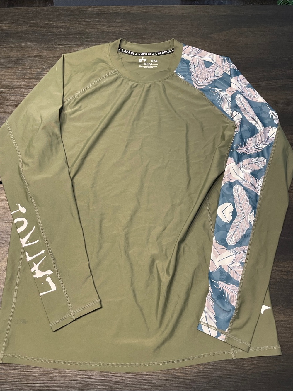 Olive Green Long Sleeve Performance Shirt with Feather-Print Sleeve